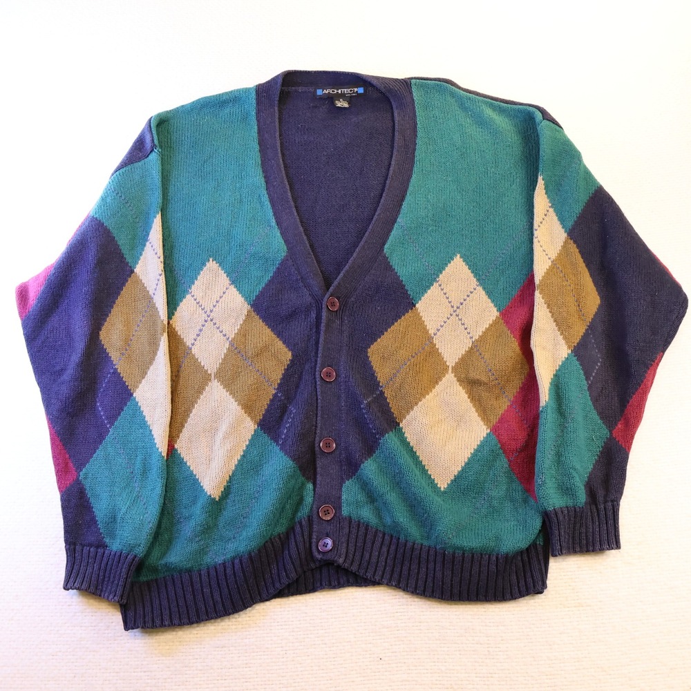 Architect Mens XL Cardigan Sweater Navy Blue Argyle Ramie Cotton V-Neck Knit